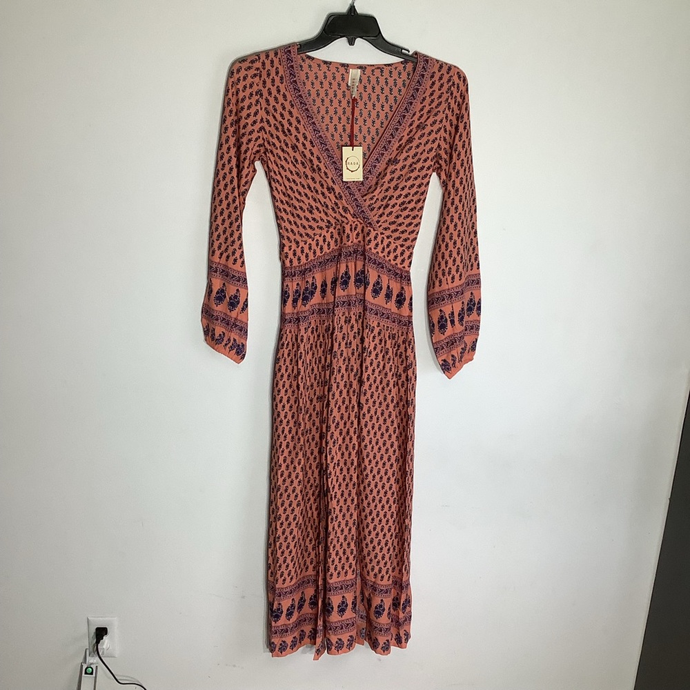 Raga Peachy Pink Maxi Dress Feather Design Long Sleeves V Neck Small